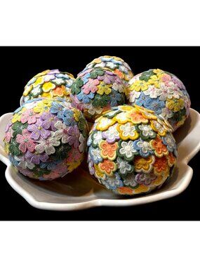 Handcrafted Embroidered Floral Sphere Ornaments with Pastel Ribbon Accents Sprin